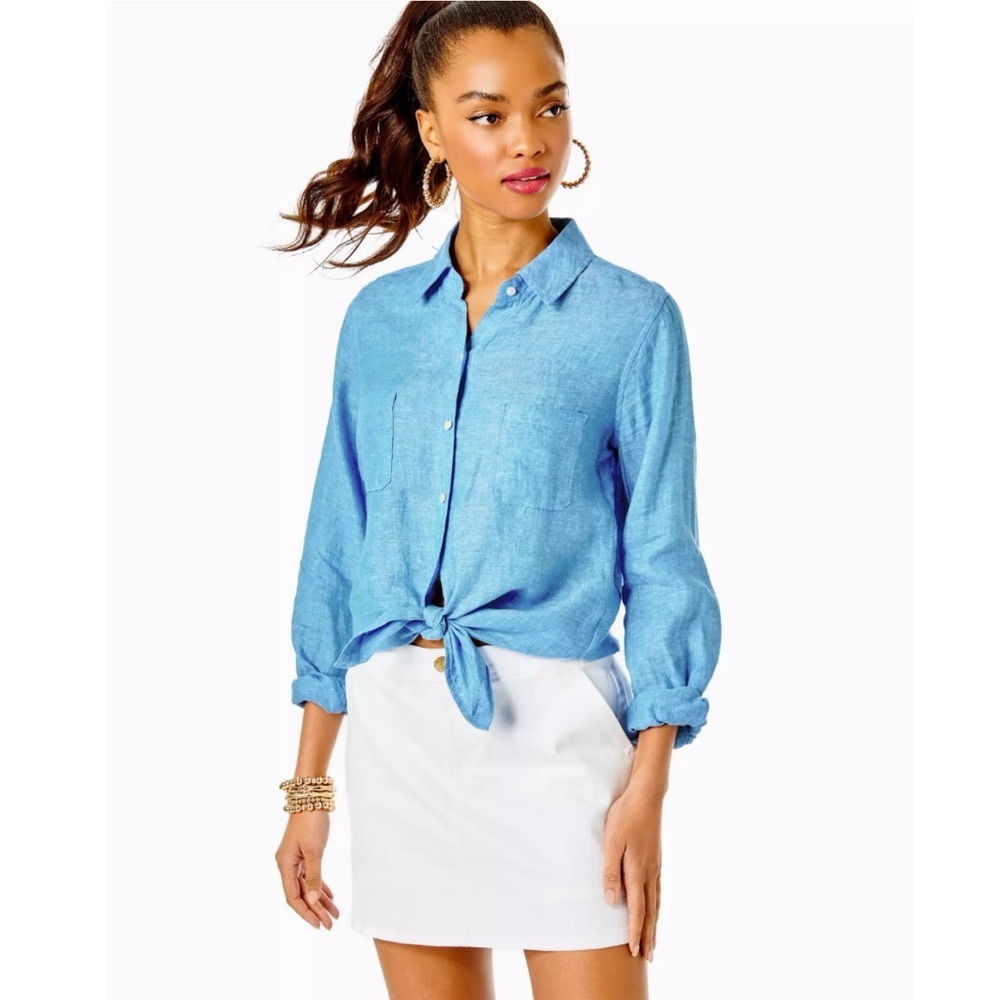 NEW Lilly Pulitzer Sea View Linen Button Down Top Beckon Blue & Sea Salt Shirt